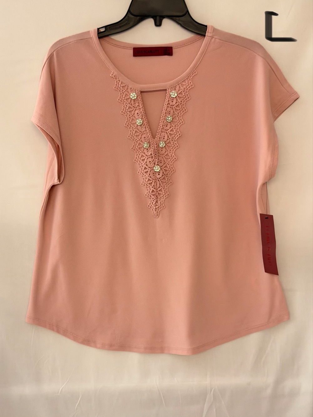 Blush Pink Lace-Trim Short Sleeve Top